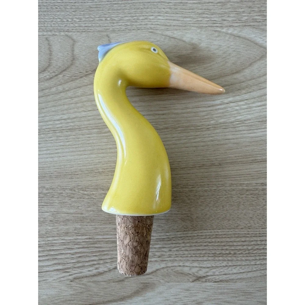 Yellow Ceramic Heron Crane Bird Wine Bottle Stopper Cork Long Beak Whimsical